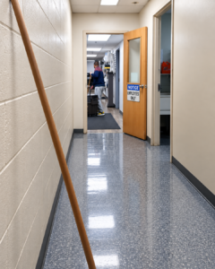 clean office corridor with janitorial worker dustfree cleaning